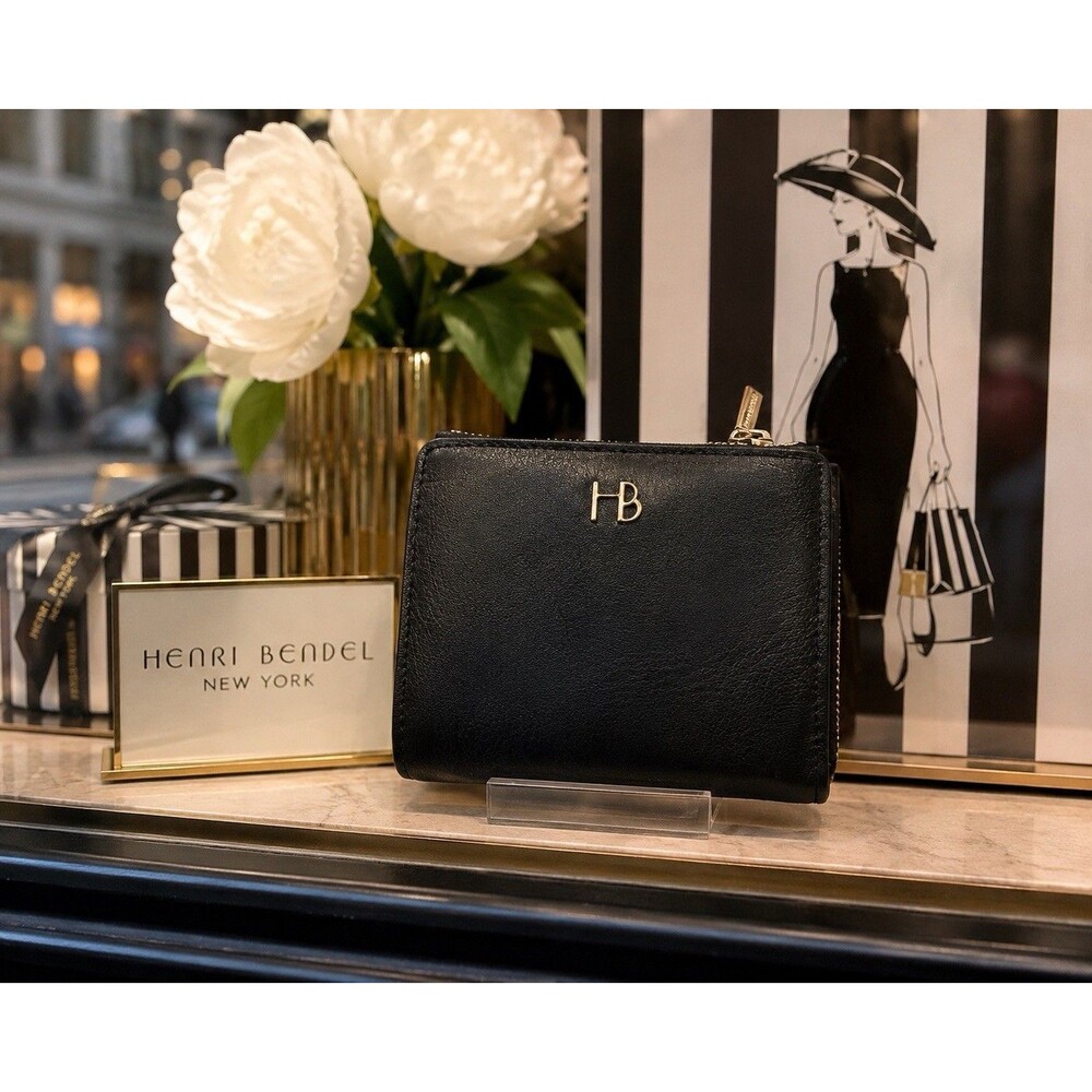 Henri Bendel Mini Bifold Wallet Black Leather Gold HB Logo Zip Coin Pocket